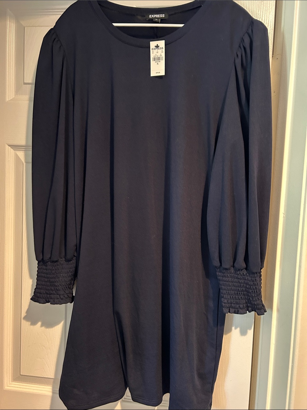 Express Navy Puff-Sleeve Tunic with Shirred Cuffs